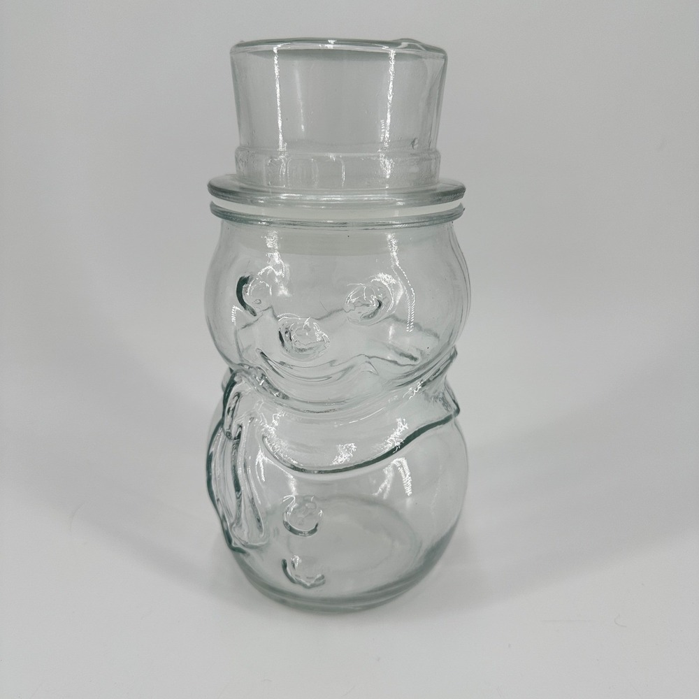 Vintage Clear Glass Snowman Candy Jar with Top Hat Lid Made in Mexico Holiday